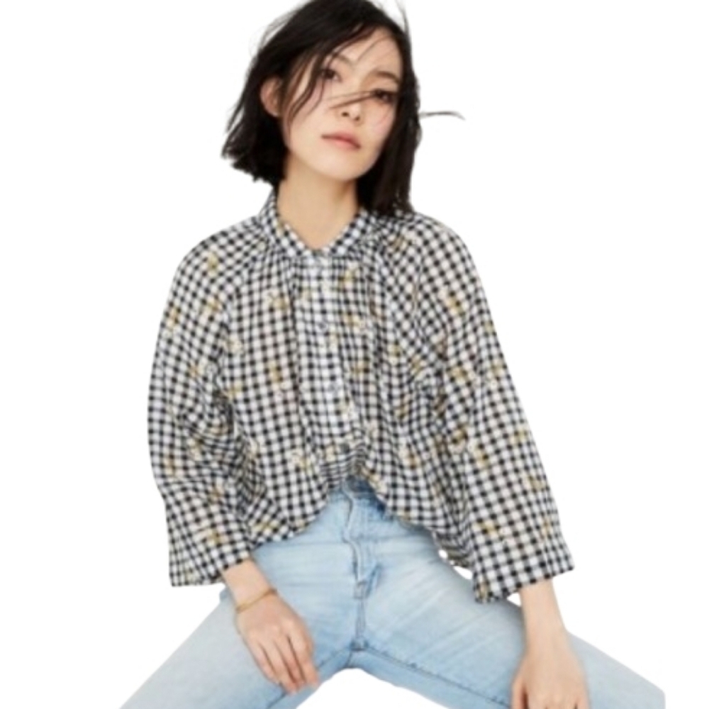Madewell Black/White Gingham Embroidered 3/4 Sleeve Top Size XS Textured Flowers